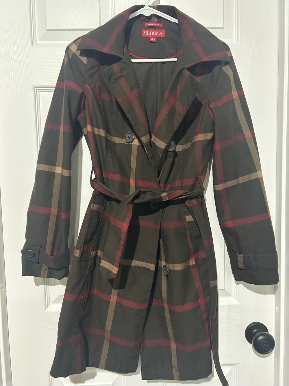 Vintage Y2K Merona Women's small Brown Plaid fall Trench Coat waterproof